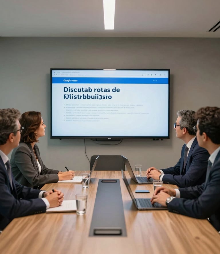 Fotografia profissional de uma reuni3o de neg3cios em um escrit3rio moderno no Brasil, com foco em profissionais discutindo rotas de distribui13o em uma tela digital, ilumina13o natural suave em tons de cinza suave e azul ard3sia.