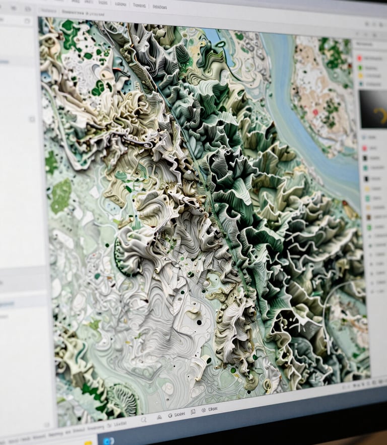 High-resolution digital screen displaying complex topographic 3D modeling and land survey data, clean and precise aesthetic, lighting emphasizing technology and expertise.