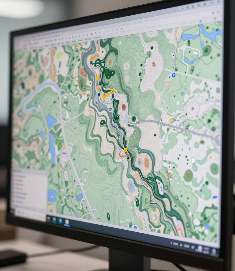 Close-up of a digital topographic map displayed on a high-resolution workstation monitor. The map shows intricate contour lines and geodetic data points. Professional workspace setting with soft lighting, reflecting colors #1A2C2A and #EBF2ED.
