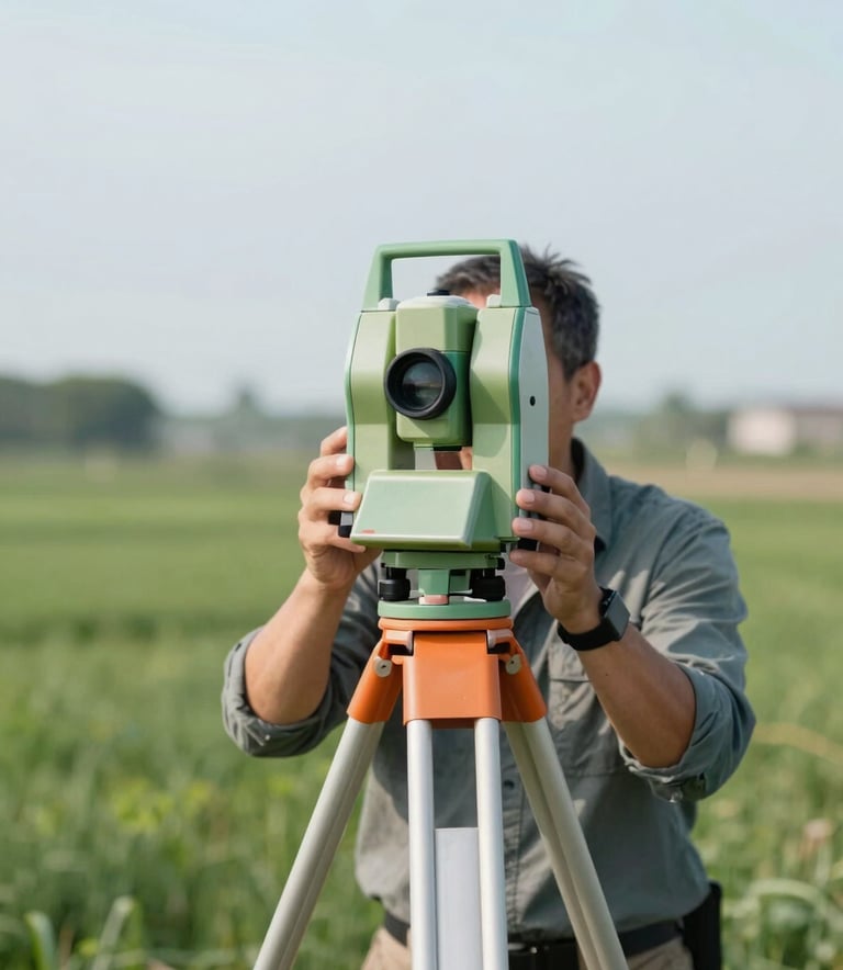 A wide-angle, high-quality photograph of a surveyor using a professional total station on a tripod in a green landscape. The lighting is bright and clear. The scene incorporates subtle tones of #3D6B5E and #8FBBA1 in the environment to match the brand identity.
