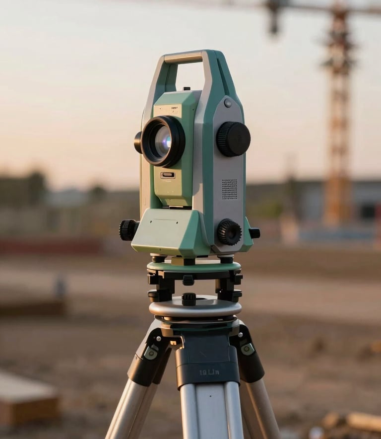 Close-up of a professional geodetic GPS receiver set up on a tripod in a wide-open construction field, sunset lighting, sharp focus on the high-tech equipment, incorporating professional tones of #1A2C2A and #3D6B5E.