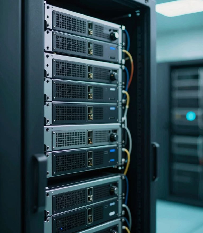 A close-up photograph of advanced server hardware in a pristine, high-tech data center located in a Latinoamericano / Global Hispanohablante technological hub. The room is bathed in soft vibrant teal light and dark slate gray shadows, reflecting a serious and professional atmosphere.