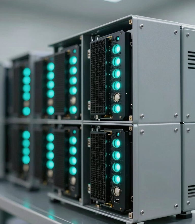 Close-up of high-tech crypto mining hardware in a clean, ventilated facility, glowing vibrant teal indicator lights, soft light gray metallic surfaces, professional atmosphere in a Latinoamericano / Global Hispanohablante technology hub.