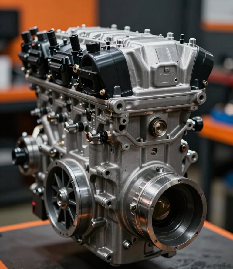 A detailed macro photograph of a high-performance internal combustion engine, clean and metallic, with dramatic lighting emphasizing textures. Set in a modern South American / Brazilian workshop with soft shadows and hints of vivid orange and deep black in the background.