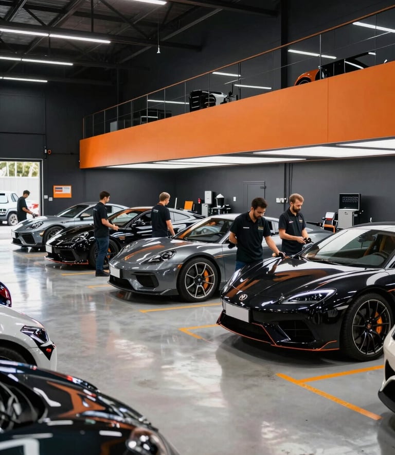 A wide-angle shot of a premium, modern automotive workshop in Brazil. The floor is polished, and the environment is organized with professional mechanics in clean uniforms working on high-end cars. The color palette includes deep black walls and vivid orange accents.