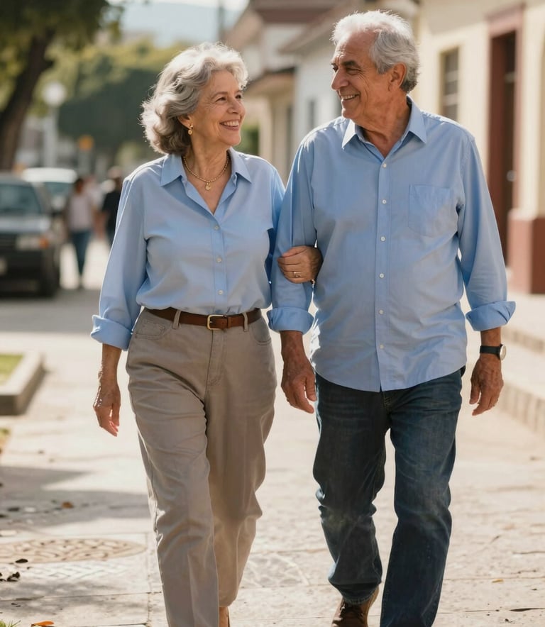 Una pareja de jubilados sonriendo y caminando juntos por un parque soleado en una ciudad de Latinoamerica, vistiendo ropa casual elegante en tonos azul claro, luz natural cálida, composición equilibrada que transmite paz y seguridad financiera.
