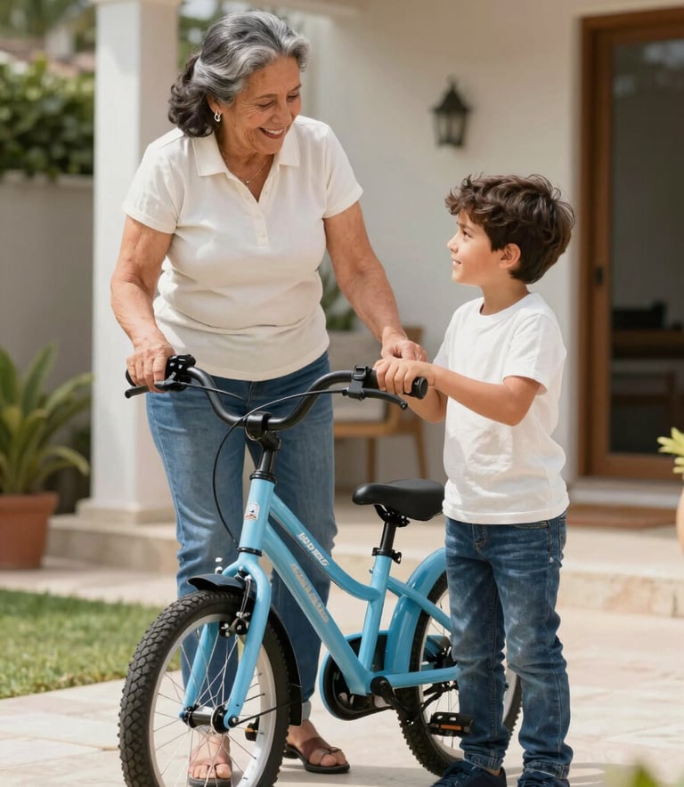 A Latinoamericano grandmother happily showing a new bicycle to her grandson in a bright outdoor patio, symbolizing the freedom of financial support, natural daylight, vibrant colors like light blue and off white.