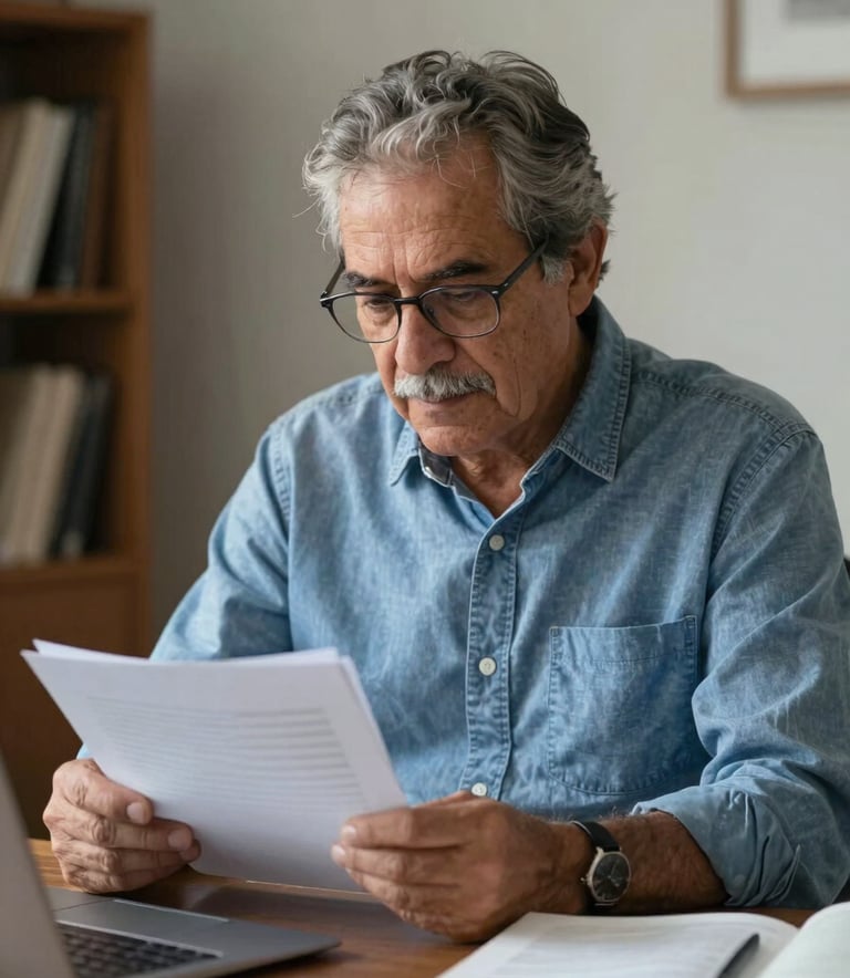 Un hombre mayor de aspecto digno revisando documentos con calma en su escritorio, ambiente de oficina estable y acogedor, tonos azul marino y gris suave, contexto de Latinoamerica.