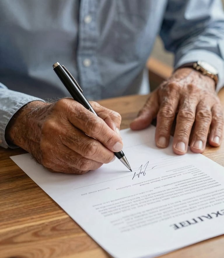 A close-up of a Latinoamericano senior person's hands signing a clear financial document on a warm wooden table, soft morning light, focus on the pen and the signature, evoking trust and commitment, professional photography.