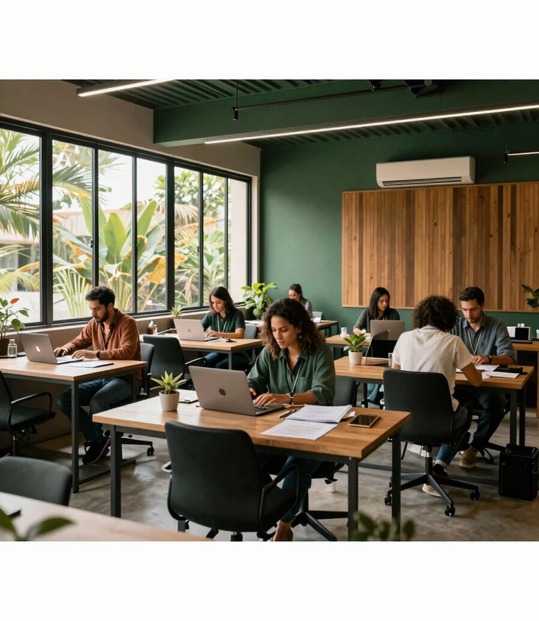 A wide photography shot of a collaborative workspace in Brazil, featuring large windows and sustainable design elements. Groups of professionals are engaged in quiet, efficient work. The scene uses dark green and tan colors to project grounded professionalism.