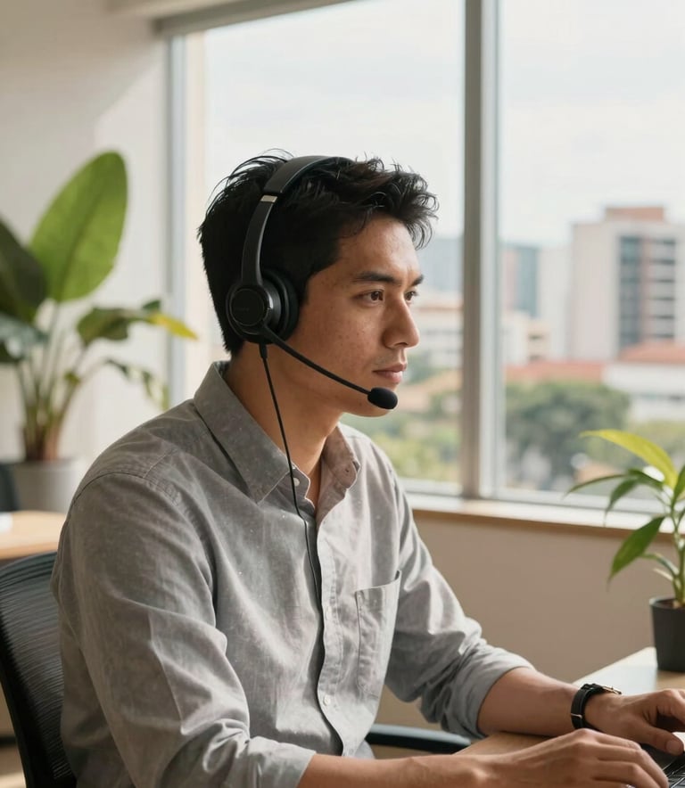 A focused South American professional wearing a sleek modern headset, working in a bright, clean office with large windows overlooking a Brazilian cityscape. The lighting is warm and natural, highlighting a professional and reliable atmosphere. Palette includes muted green plants and off-white walls.