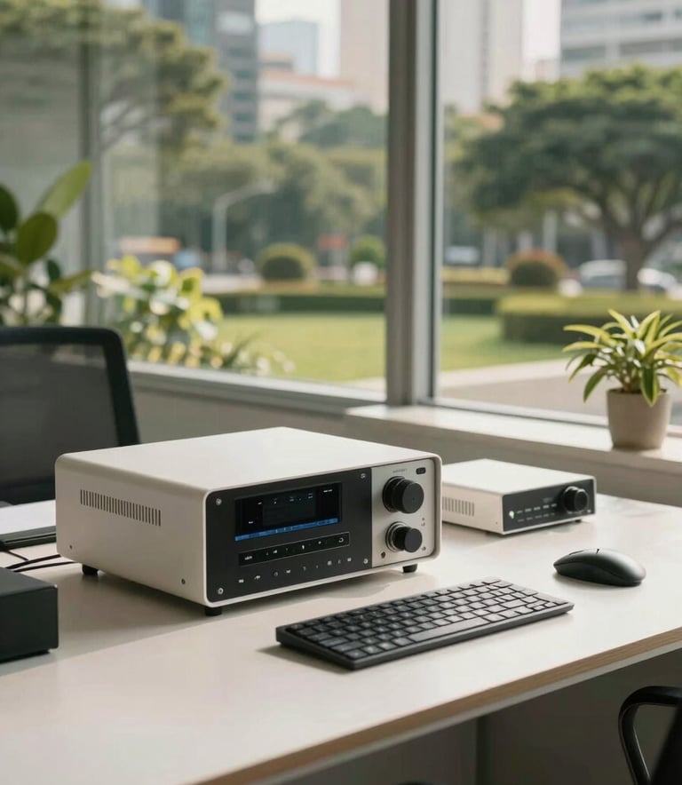 Photography of a modern, professional office setting in a South American city. A sleek workstation with high-end communication equipment sits by a window overlooking a lush urban garden. Soft, natural morning light creates a sophisticated and welcoming atmosphere. Palette highlights include off-white and sage green.