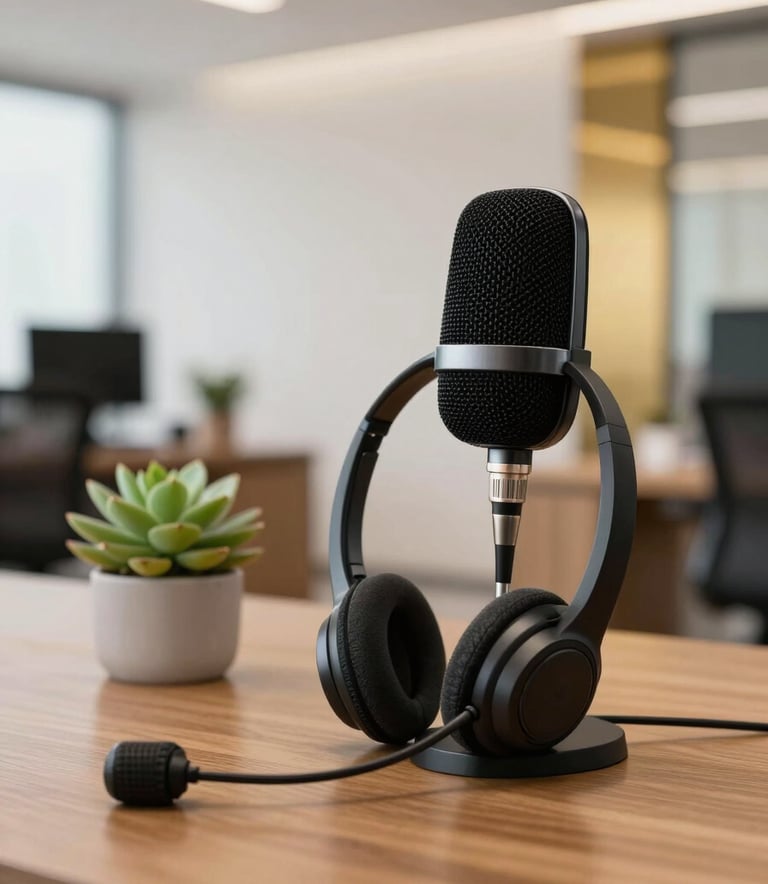 A close-up of a modern workstation in a Brazilian business environment. A high-quality microphone and headset sit on a wooden desk next to a small green succulent plant. The background is softly blurred, showing a sophisticated office interior in off-white and gold tones.