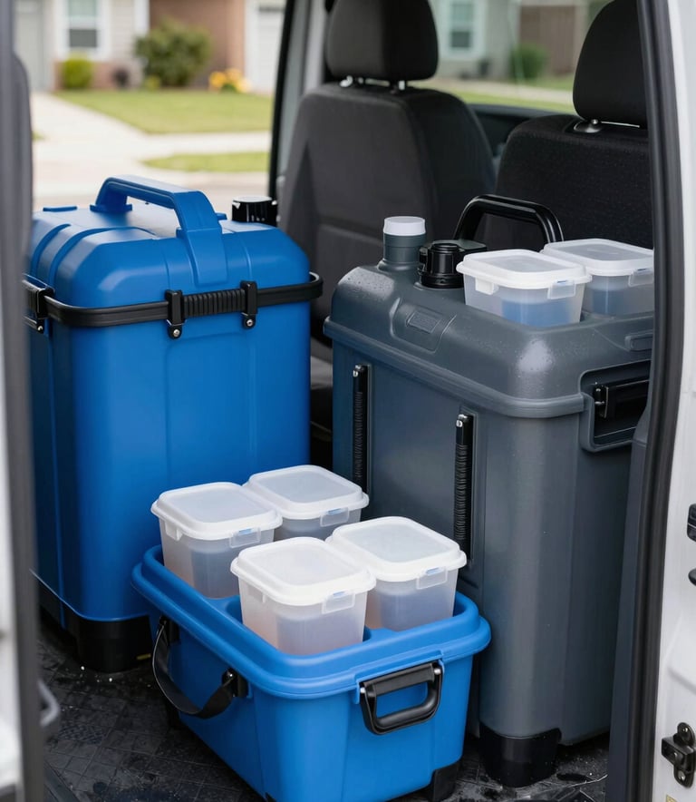 Close-up shot of professional pest control equipment and specialized containers neatly organized in a clean service vehicle. The scene includes bright professional blue and deep charcoal grey accents on the gear. Set in a North American / US suburban environment during broad daylight, emphasizing reliability and efficiency.