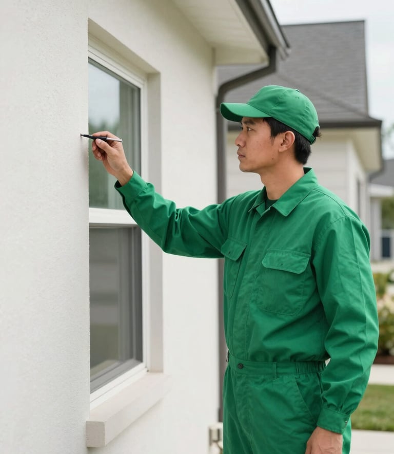A professional pest control technician in a vibrant leaf green uniform inspecting the exterior perimeter of a modern North American / US residence. The lighting is bright and clear, highlighting a clean, modern aesthetic and the technician's professional demeanor. Vibrant leaf green and soft off-white tones dominate the scene.