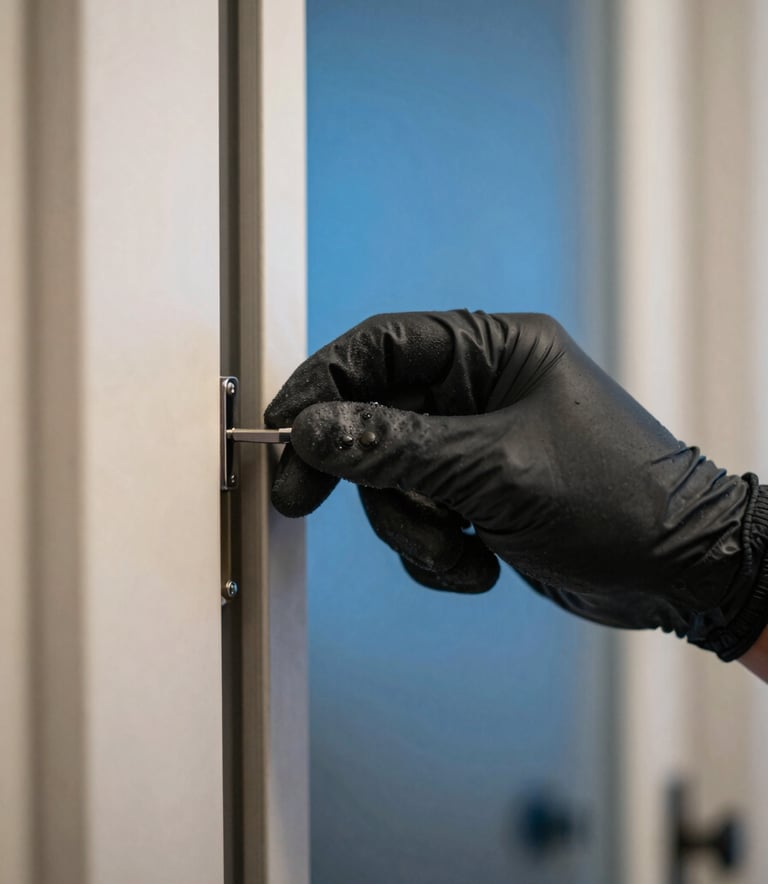 A close-up photograph of a professional technician's hand in a deep charcoal black glove applying precision treatment to a North American / US residential door frame, clean modern aesthetic, strong blue highlights in the background.