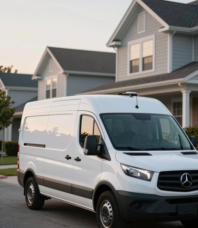 A clean, white professional service vehicle with subtle green branding parked on a quiet North American / US residential street at dawn, clear lighting, building trust and reliability.