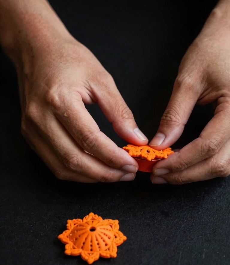 Close-up shot of hands carefully arranging traditional Pakistani craft items, with vibrant orange highlights, matte black background, sharp focus, premium editorial, 35mm.