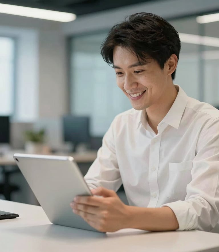 A professional person in a modern office environment in North America, smiling while looking at a tablet, representing a collaborative and approachable brand mood, with soft off-white and medium blue tones in the background.