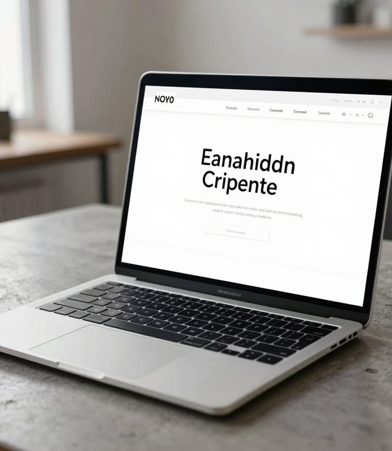 A close-up photograph of a sleek, modern laptop screen displaying a minimalist e-commerce interface with clean white space and elegant typography, set on a polished concrete desk in a bright North American creative studio.