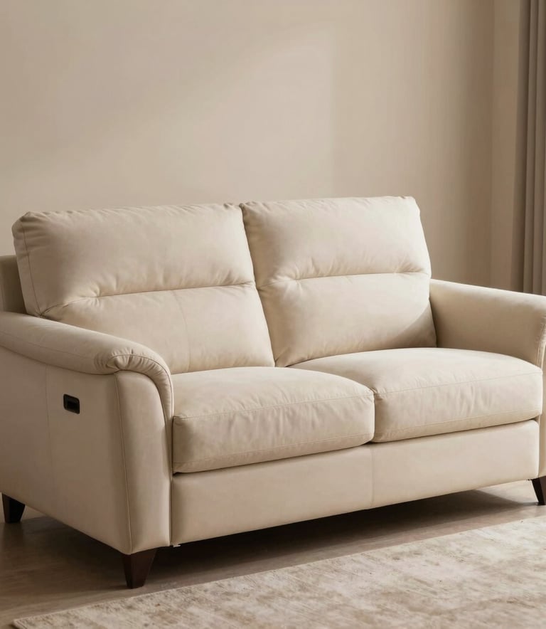 A professionally finished, restored modern sofa in a well-lit South Asian / Indian living room with warm lighting. The sofa features high-quality upholstery in cream and taupe colors, showcasing expert craftsmanship and a clean, luxury aesthetic.