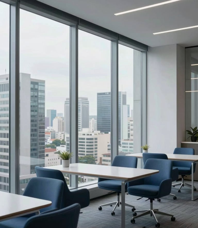 A high-tech office interior in a modern Brazilian business district, featuring floor-to-ceiling windows with a cityscape view, soft natural light, and sleek minimalist furniture in sky blue and navy tones.