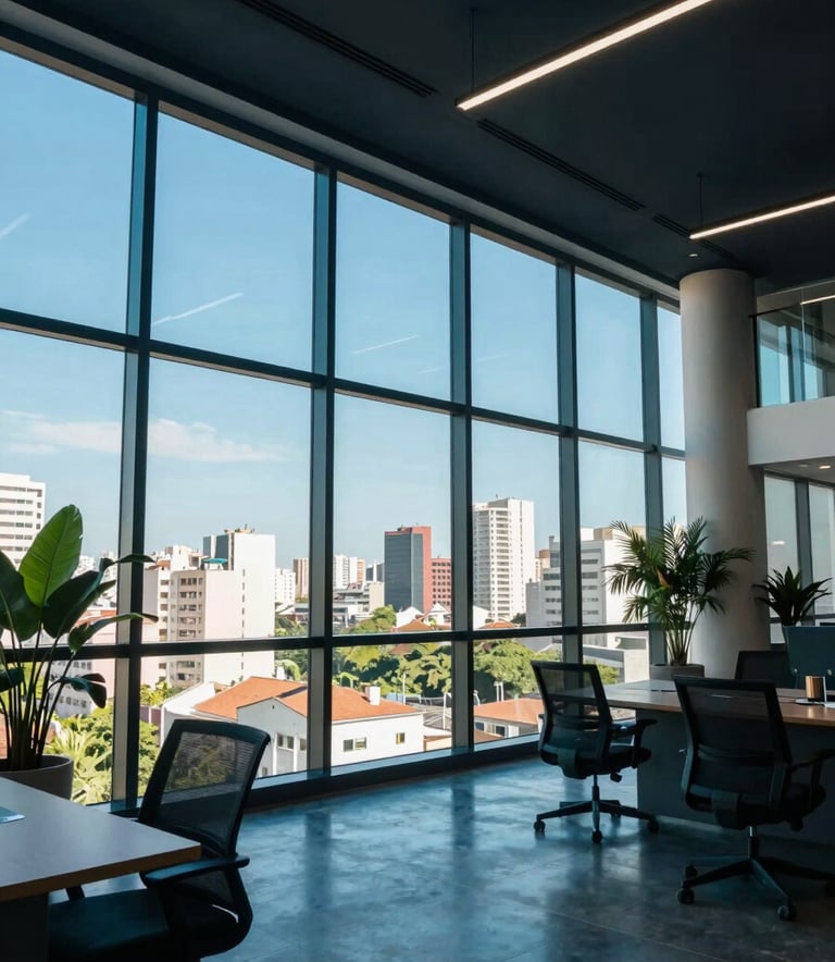 A wide angle shot of a futuristic but welcoming office interior in Brazil. Floor-to-ceiling windows show a sunny cityscape. The interior decor follows a palette of dark blue and cyan, with ergonomic furniture and green plants.