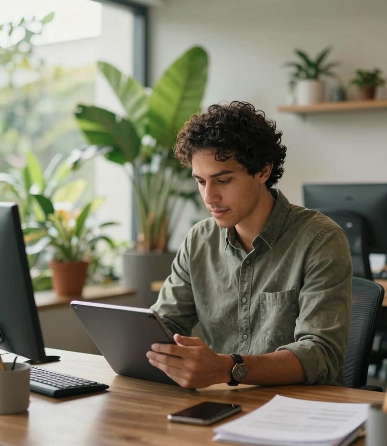 A professional South American person working on a tablet in a bright, modern co-working space in Brazil, surrounded by lush green plants and advanced technology, illuminated by soft morning light.