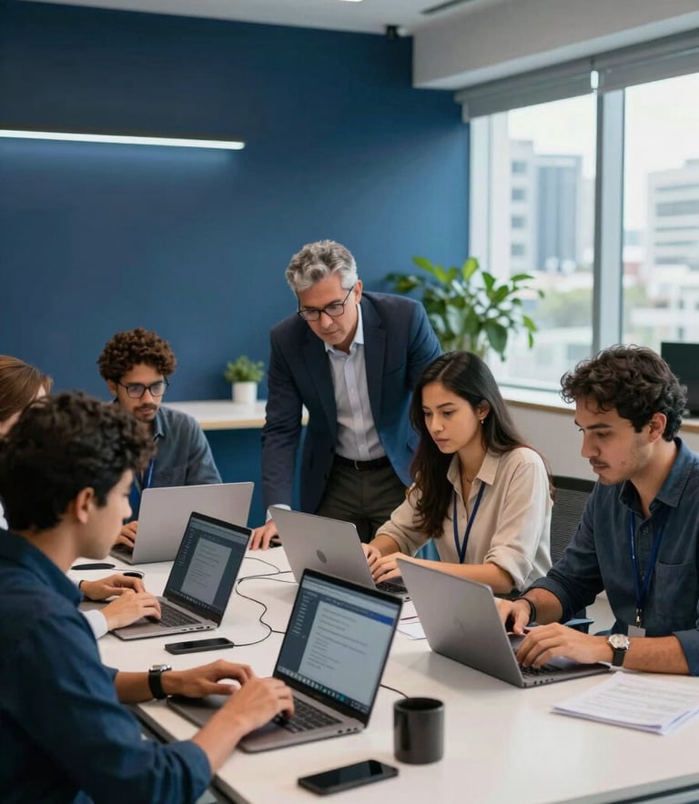 A high-tech workspace in a Brazilian urban center. A team of South American professionals is gathered around a table with laptops, collaborating on AI implementation. The environment is professional and bright, featuring dark blue and light blue interior accents.