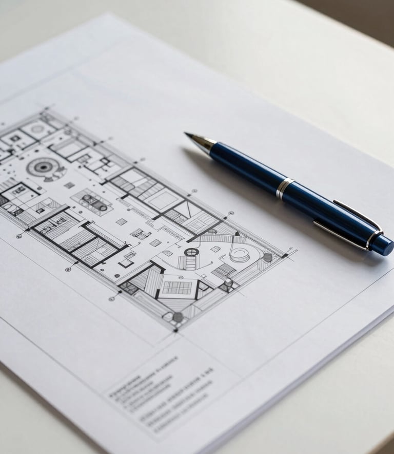A high-angle professional photograph of a pristine architectural site plan and land survey documents spread across a mist white table, illuminated by soft natural morning light. The scene includes a slate blue fountain pen, conveying precision and authority in land law.