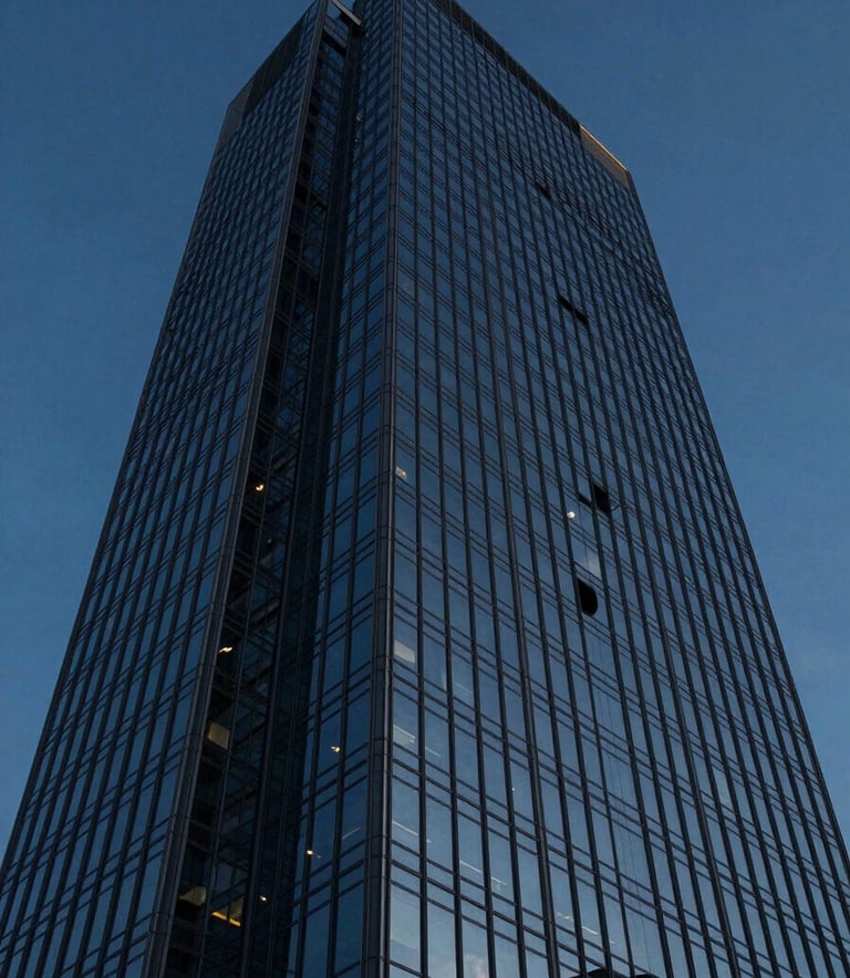 A low-angle shot of a modern glass skyscraper reflecting a deep midnight blue sky. The architecture is clean and sharp, representing the corporate authority and sophisticated modern legal environment of the firm.