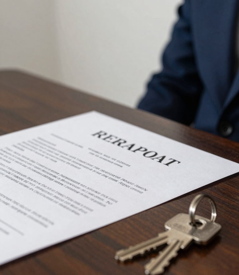 A close-up photograph of a professional property deed document resting on a dark wood table next to silver house keys. The background is softly blurred showing a pale mist white wall and the edge of a deep navy blazer.