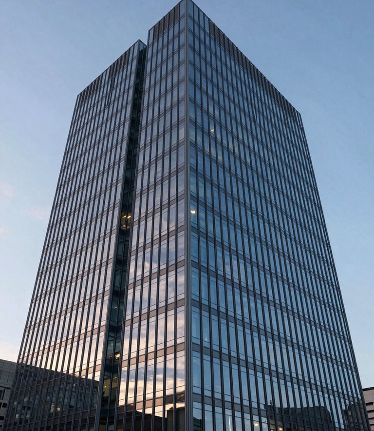 A wide-angle shot of a modern glass corporate skyscraper reflecting a soft sky blue sky at dusk. The architecture is sharp and clean, with muted steel blue structural elements visible behind the glass.