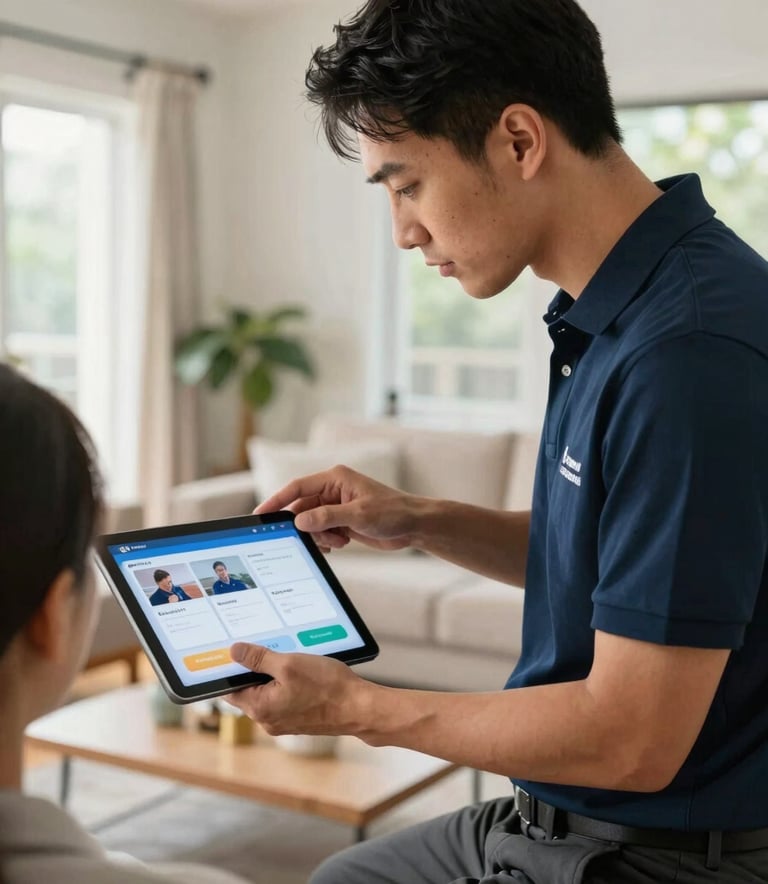 A professional technician in a clean branded polo shirt assisting a homeowner in a bright North American living room, showing a tablet with TV activation steps, natural light, high-end interior.
