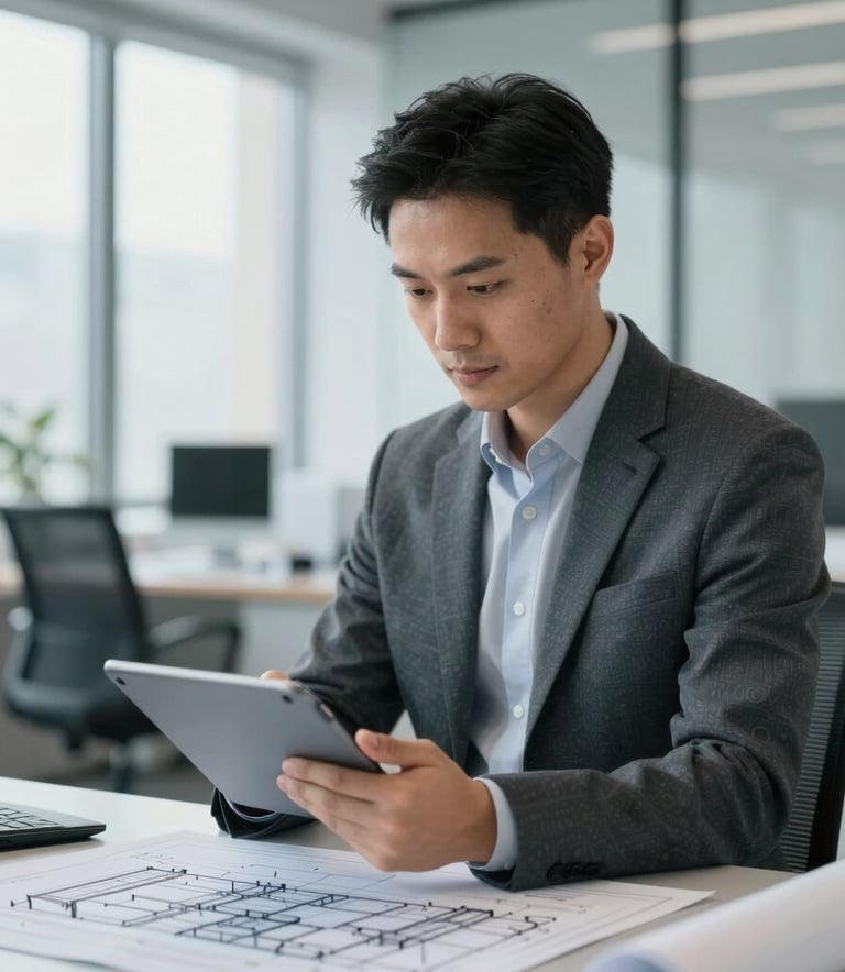 A focused professional engineer in a sophisticated, modern office, reviewing technical building structures on a tablet. The setting is clean and high-tech, incorporating a professional palette of #1A202C and #A0AEC0. Lighting is bright and natural.