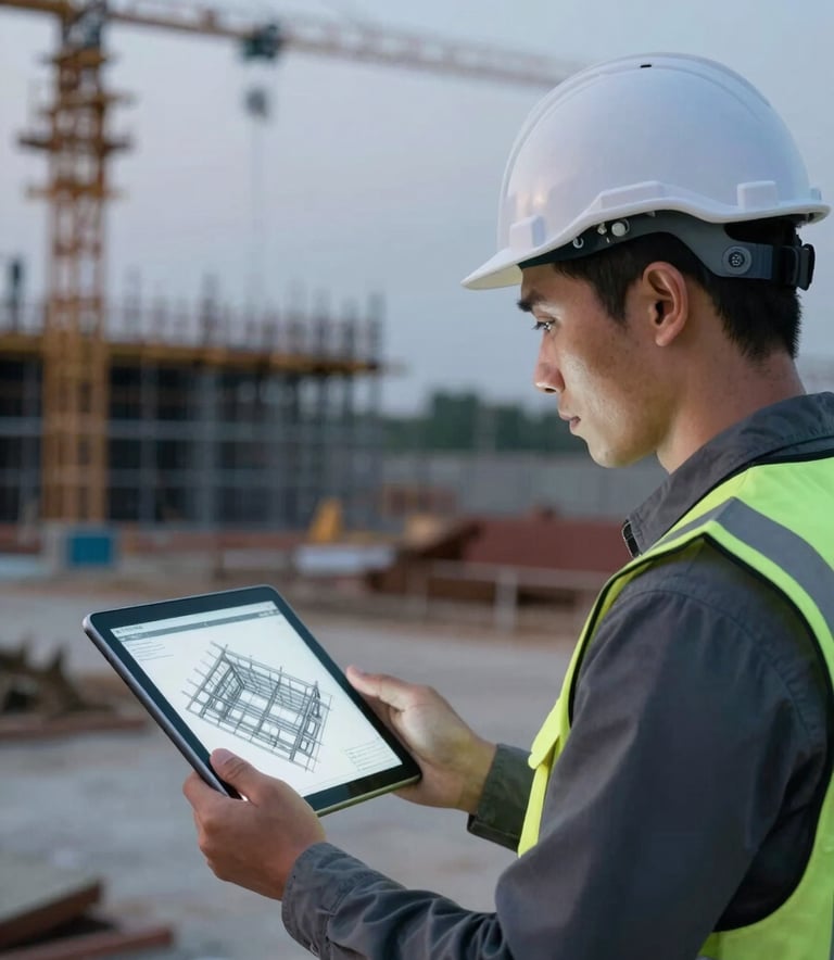 A professional engineer in a white hard hat looking over a tablet screen displaying a 3D structural model. The background is a clean construction site at dusk, featuring tones of #4A5568 and #EDF2F7.