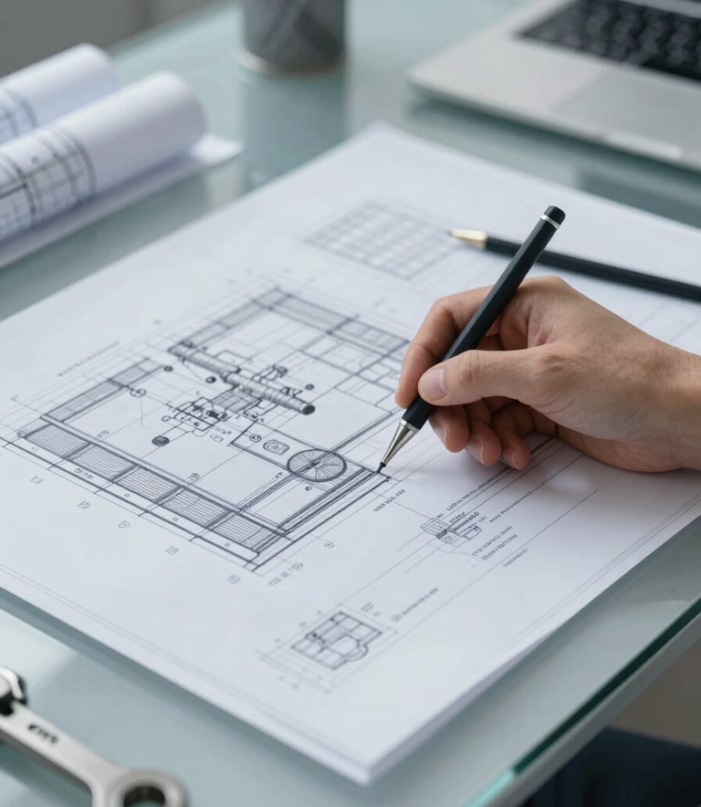 Close-up of a high-precision engineering blueprint and architectural tools on a clean glass desk. The image captures a sense of meticulous detail and technical expertise, with soft professional lighting using tones of #4A5568 and #EDF2F7.