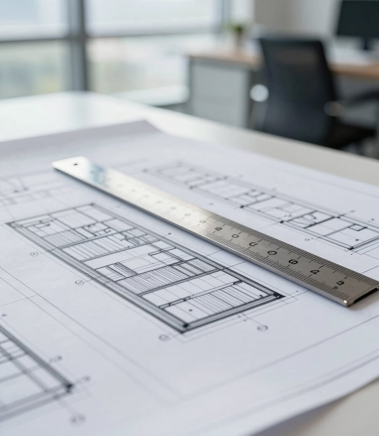 A close-up of a modern architectural blueprint with a professional steel scale ruler on top. The scene is shot in a bright, modern office with soft daylight, incorporating the brand colors #4A5568 and #EDF2F7 in the shadows and paper tones.