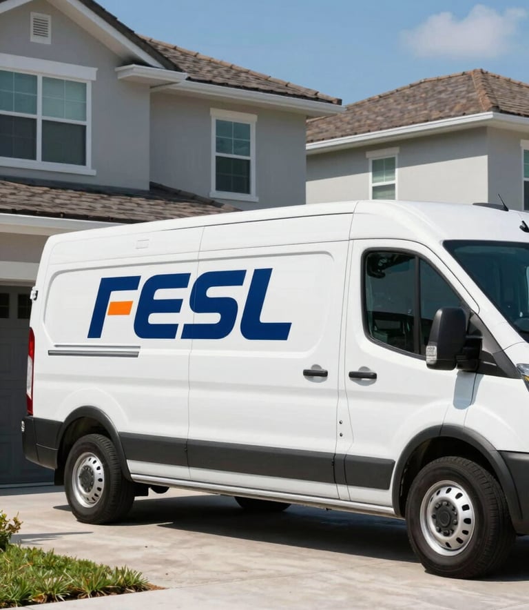 A sleek white plumbing service van with a deep blue and orange logo parked on a sunny driveway in front of a modern residential home in Orlando. High-quality commercial photography, bright daylight, North American / US - Florida.