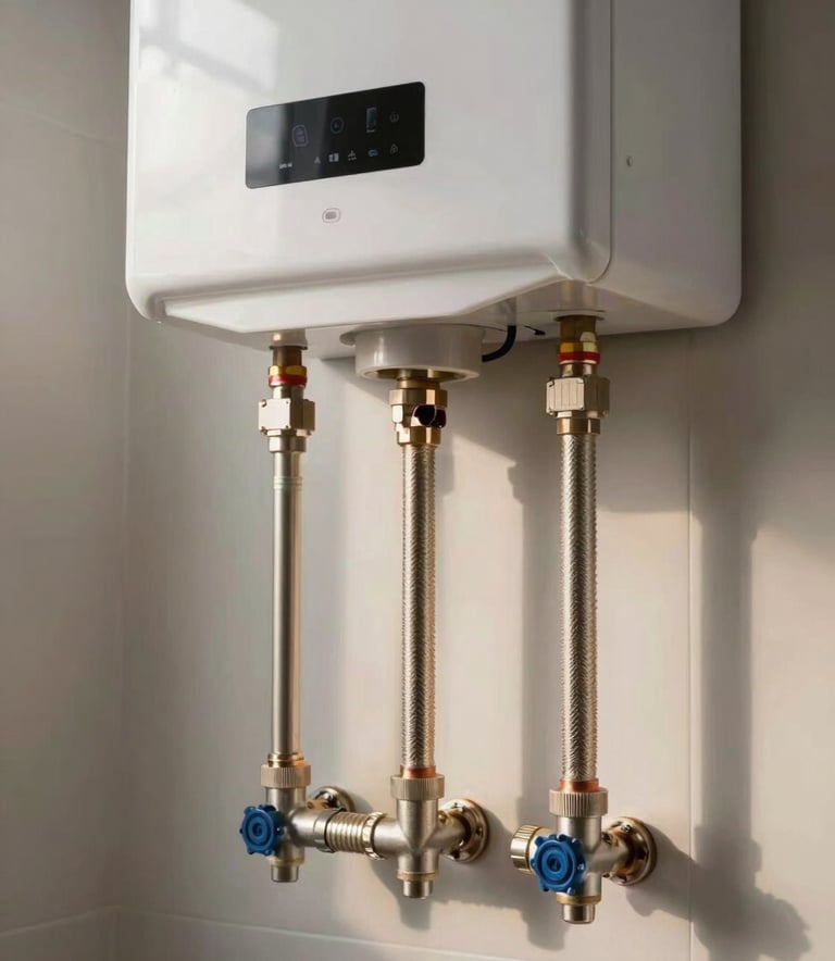 A newly installed energy-efficient water heater in a clean, modern North American garage setting. Soft lighting, sharp focus on the pipe connections, highlighting professional installation.