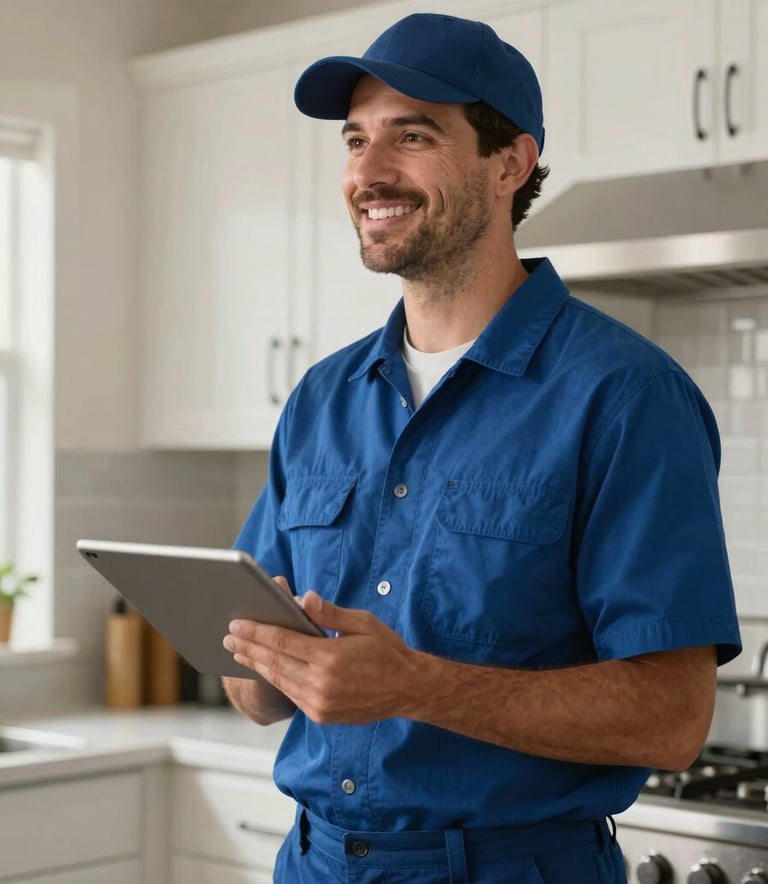 A professional plumbing technician in a deep blue uniform and cap smiling while standing in a high-end kitchen. He is holding a digital tablet. Soft natural lighting, trustworthy atmosphere, North American / US - Florida.
