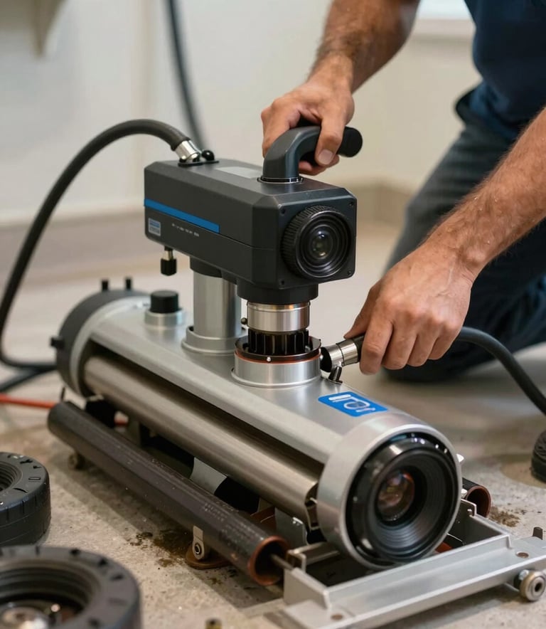 Close up of a state-of-the-art drain cleaning machine and professional plumbing tools being used by a technician in a Florida utility room.