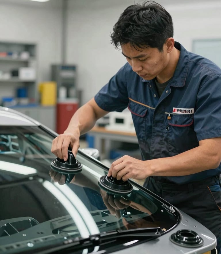 A professional auto glass technician in a clean uniform carefully lifting a new windshield with suction handles, North American workshop setting, bright and efficient atmosphere.
