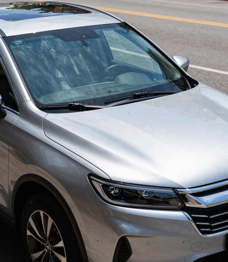 A side view of a modern SUV parked on a clean North American street, focusing on the pristine, newly replaced windshield reflecting a clear blue sky, sharp and crisp photography.