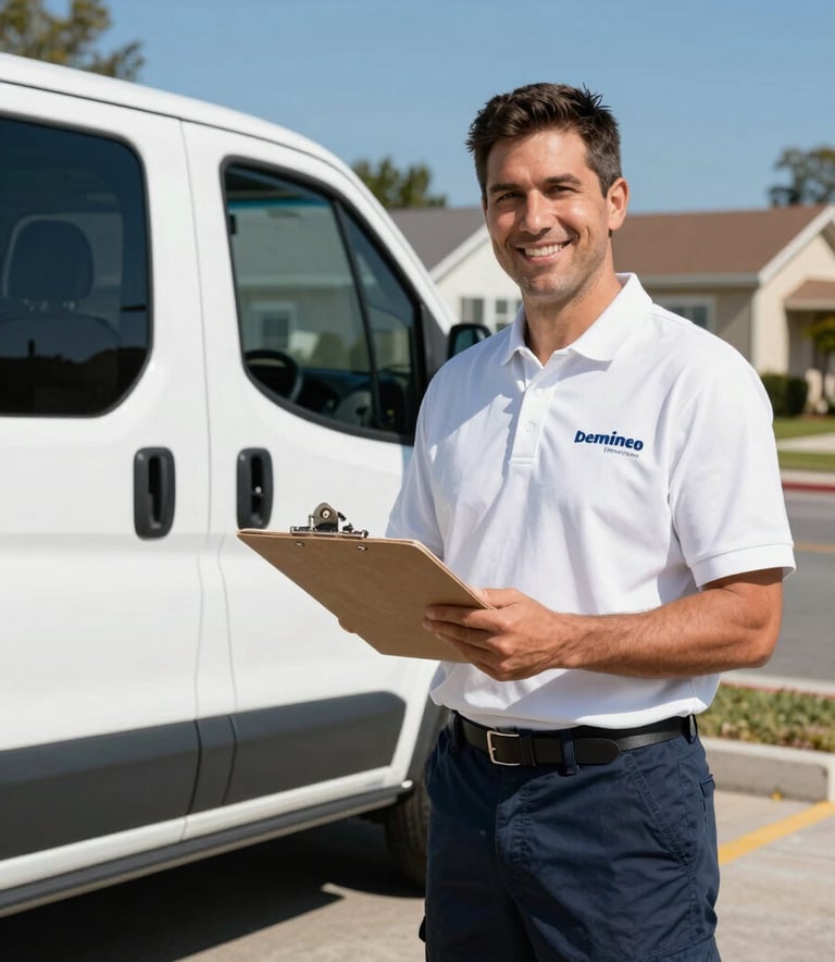 A professional mobile auto glass technician in a crisp branded polo shirt standing next to a service van in a North American suburban neighborhood. The technician is smiling and holding a clipboard, projecting trust and professionalism under a clear blue sky.