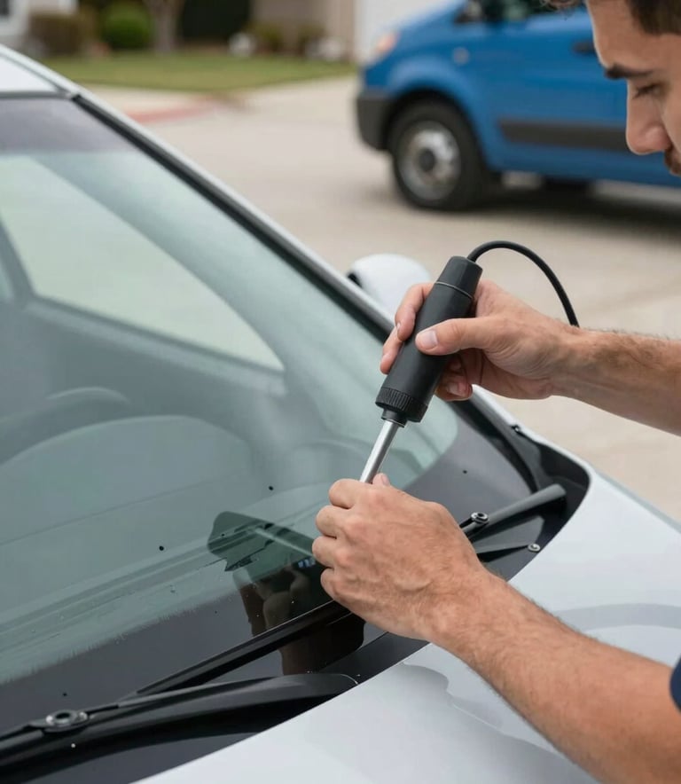 A close-up photograph of a professional technician's hands using specialized suction tools to carefully position a new windshield into a modern car frame. The setting is a clean, bright North American driveway during the day, with soft natural lighting and a hint of a medium blue service vehicle in the background.