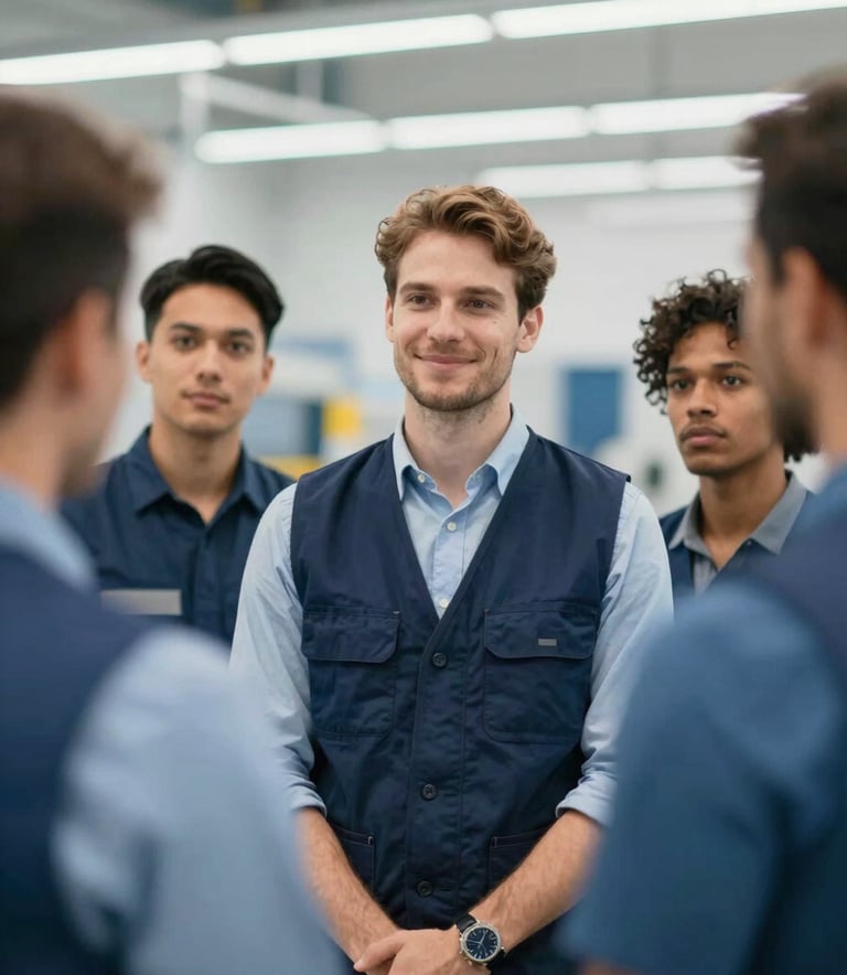 A high-quality, professional close-up shot of a diverse team of workers, including an engineer in a navy vest and a logistics professional, standing together in a bright, modern European facility. The atmosphere is confident and collaborative. The color palette features professional navy #0A192F and muted blue #7094B9 accents.