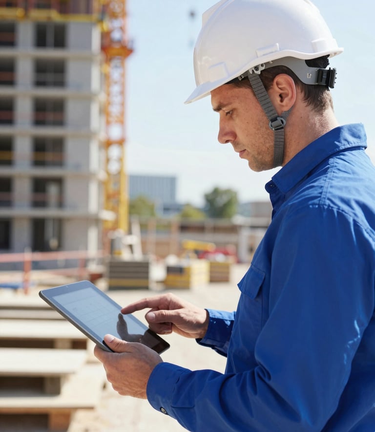 A professional civil engineer in a white hard hat reviewing plans on a digital tablet at a modern European construction site, bright natural lighting, incorporating #7094B9 and #1F3F6D in the equipment and clothing.