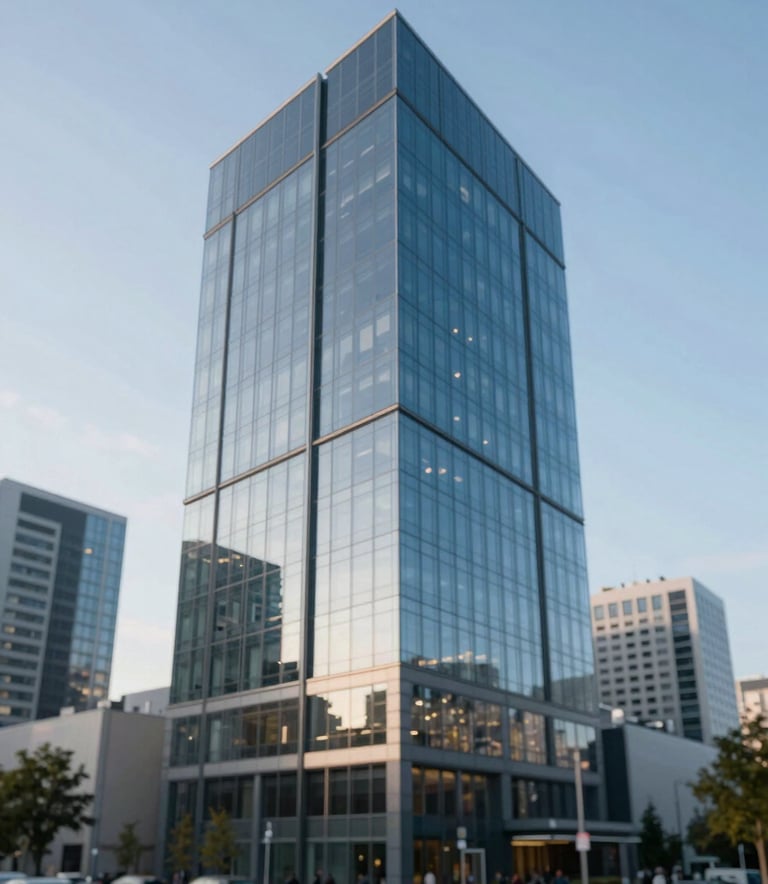 A wide-angle, modern architectural shot of a sleek office building in a European business district. The lighting is crisp and professional, with reflections in the glass windows emphasizing a clean and trustworthy atmosphere. Colors lean into #1F3F6D and #EAF2F8.