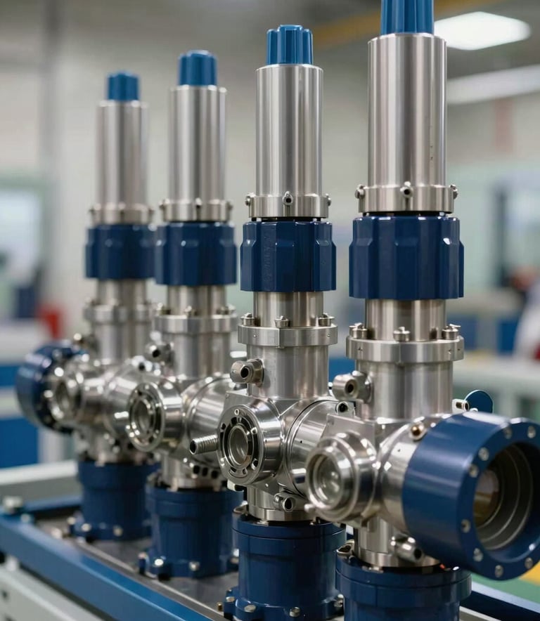A close-up photograph of integrated hydraulic and pneumatic valves in a modern North American / US industrial facility. The machinery is clean, featuring steel blue and deep navy components, reflecting precision engineering under bright, professional studio-style lighting.